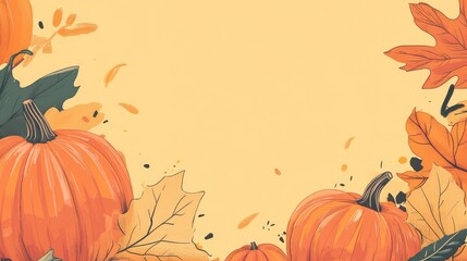 Autumn themed background with pumpkins and colorful leaves on a yellow backdrop featuring Copy Space for text placement