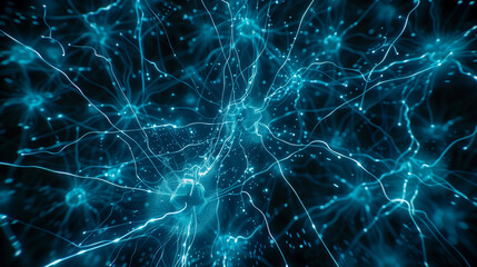 Artificial intelligence network. Abstract image of a digital network illuminated by blue light, showing interconnected nodes and lines on a dark background. 