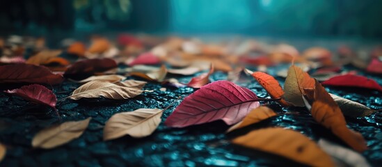 Fototapeta premium Autumn leaves on wet ground with a misty background showcasing vibrant colors and Copy Space for text placement