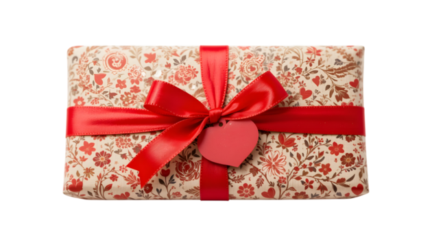 Red ribbon wrapped gift with floral paper and heart tag.