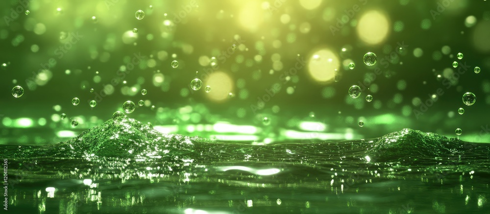 Aufkleber green water surface with droplets and bubbles in the air creating dynamic reflections and bokeh effe