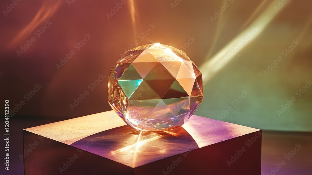Poster crystal sphere placed on a surface with colorful highlights and reflections copy space for text inse