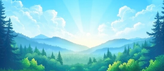 Fototapeta premium Colorful landscape of a forested valley with mountains in the background and a bright sunrise sky Copy Space