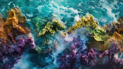 Naklejka premium Vibrant colorful coral reef underwater with waves creating foam and bubble patterns Copy Space
