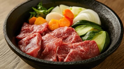 Beef slices with fresh vegetables in a black stone pot on a wooden table Copy Space