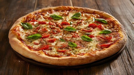 Freshly baked pizza topped with basil, tomatoes, and cheese on a wooden table with Copy Space for text placement.