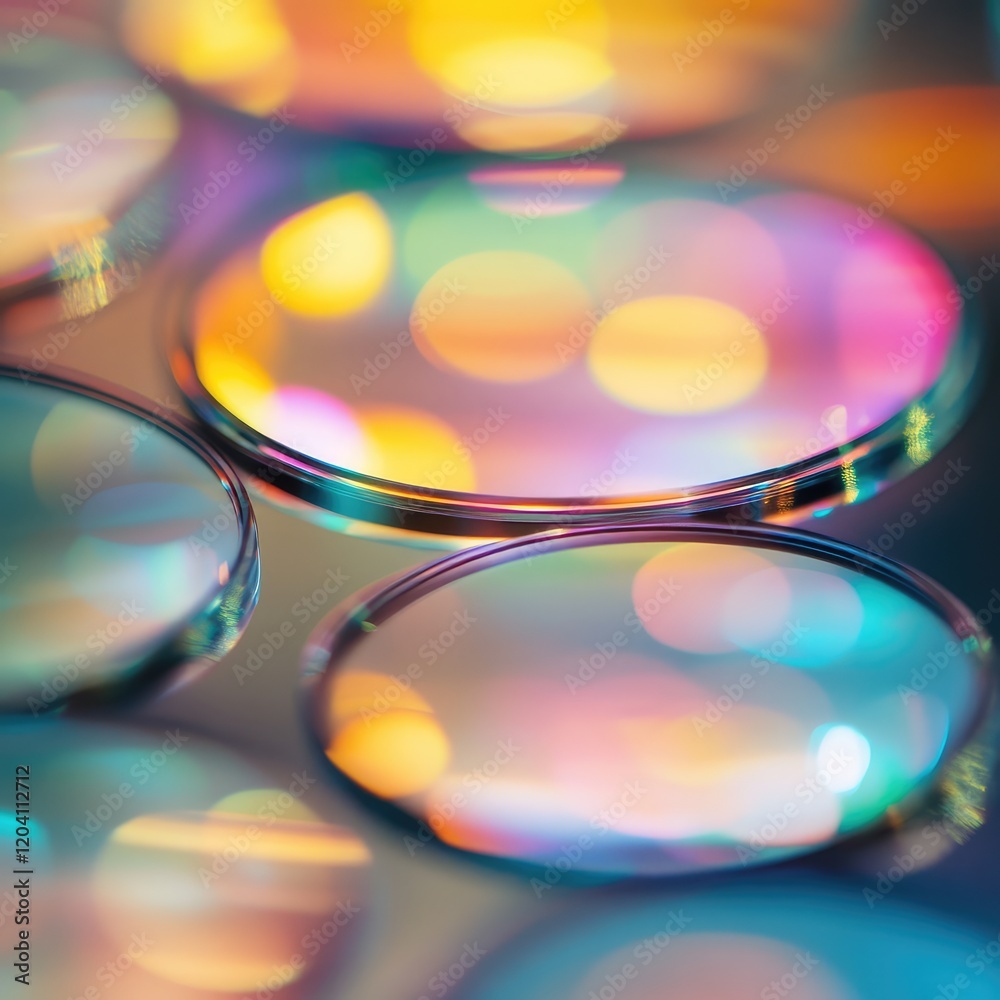 Poster colorful abstract image of lens filters with illuminated reflections and bokeh effects against a blu