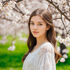 Fototapeta premium Young woman enjoying spring blossoms in a beautiful garden with cherry flowers in bloom
