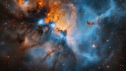 Colorful nebula in deep space with vibrant blue and orange hues illuminated by distant stars, featuring intricate gas and dust formations, Copy Space.