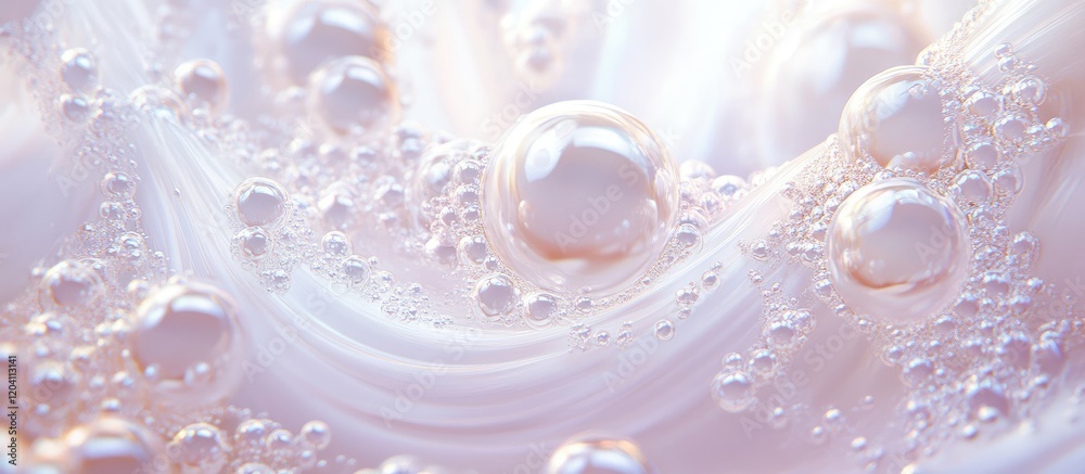 Poster soft focus abstract background with bubbles in pastel colors and smooth flowing shapes, featuring am