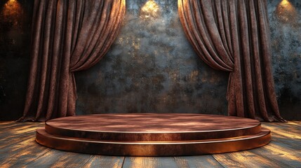 Elegant stage setup with brown curtains and spotlight, perfect for performances or presentations