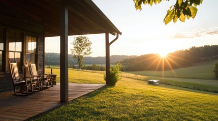 A serene outdoor scene featuring a porch with rocking chairs overlooking a sunlit valley at sunset.