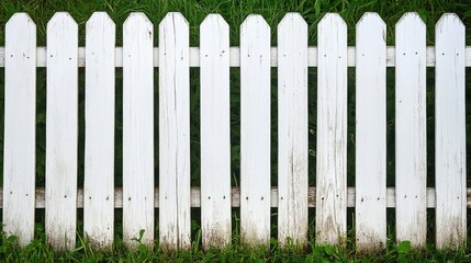 White wooden picket fence with a grassy background and visible wear and dirt, featuring ample copy space for text.