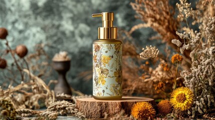 Floral design bottle with pump on wooden surface surrounded by dried flowers and plants Copy Space