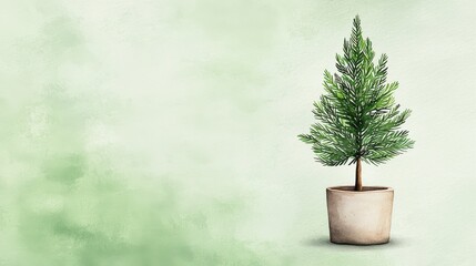 Green Needle-Fir Tree in Decorative Pot on Soft Green Background