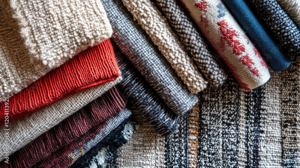 Poster textile fabric swatches arranged in a layered display with various textures and patterns copy space
