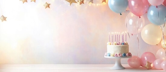 Birthday celebration setup with pastel balloons, cake on a stand, and twinkling star decorations in a light setting with Copy Space.