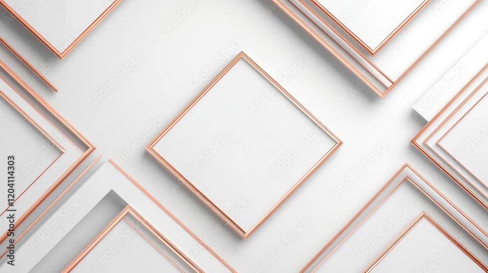 Poster abstract composition of overlapping white frames with thin rose gold borders on a light background c