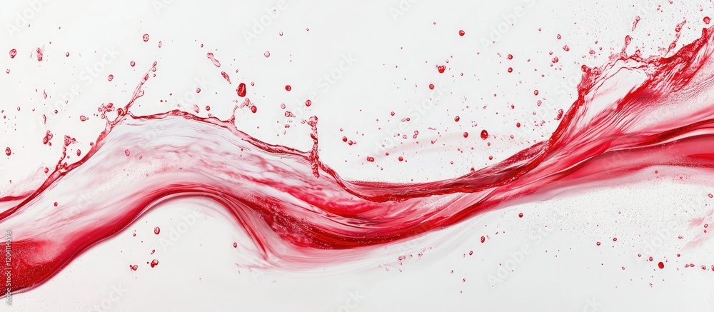 Poster red liquid splash with dynamic wave pattern and droplets against white background featuring ample co