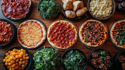 Fototapeta premium Delicious Spread of Pizza, Fresh Greens, and Tasty Sides on Table