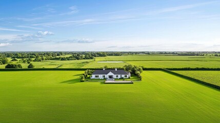Fototapeta premium Aerial view of a modern farmhouse surrounded by lush green fields under a clear blue sky.