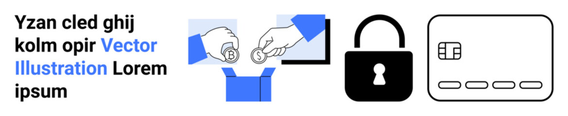 Hands placing coins in a box, padlock icon, credit card. Ideal for finance, security, online payments, data protection, transactions savings ecommerce. Landing page