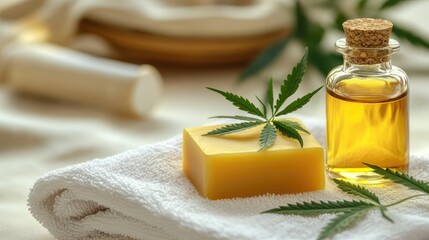 Hemp soap bar with hemp oil in a glass bottle on a white towel background with natural elements and copy space