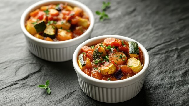 Vegetable ratatouille in white ramekins on slate background with fresh herbs and copy space for text