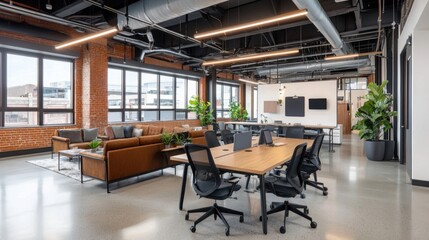 A modern office space featuring a blend of wooden and industrial design, ample natural light, and a collaborative work environment.