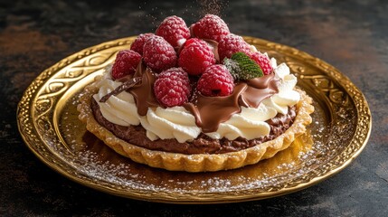 Chocolate raspberry tart with whipped cream and mint leaves on an ornate gold plate with copy space for text