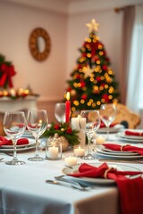 Festive Christmas table setting with candles and decorated tree.