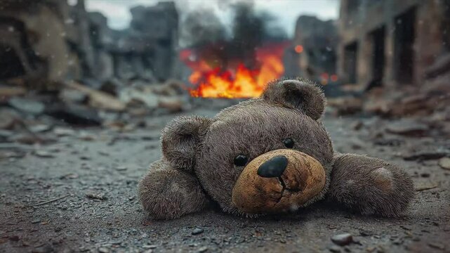 Teddy bear doll kids toy with ruin burning city on the background, war concept, apocalyptic landscape motion background