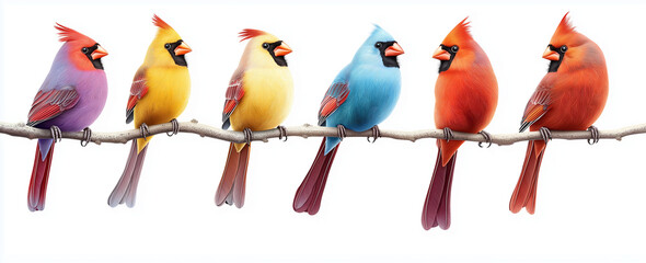 Colorful birds sitting on branch, showcasing vibrant plumage and distinct features. scene captures beauty of nature and diversity of avian species