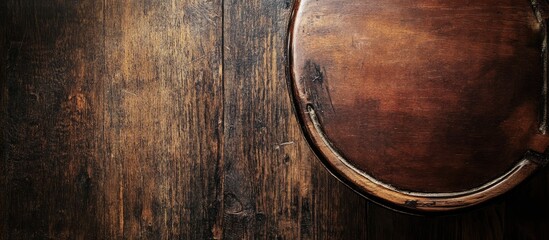 Wooden background with round rustic cutting board and ample copy space for text or design elements