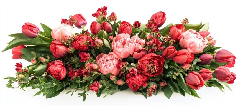 Vibrant floral arrangement featuring red and pink tulips and peonies with greenery on white background Copy Space