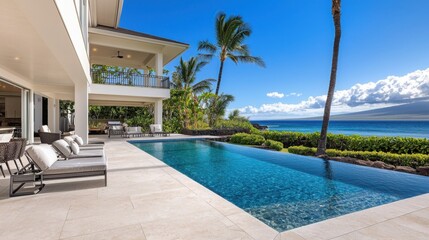 Fototapeta premium A luxurious villa by the ocean featuring a stunning infinity pool, palm trees, and a clear blue sky, perfect for relaxation and vacation vibes.