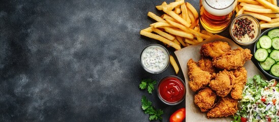 Delicious fried chicken with French fries, beer, dips, and fresh vegetables on dark background with Copy Space