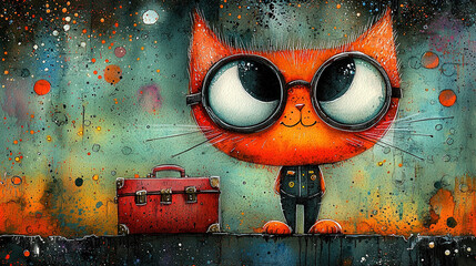   A feline in glasses and a briefcase stands before a suitcase on the floor
