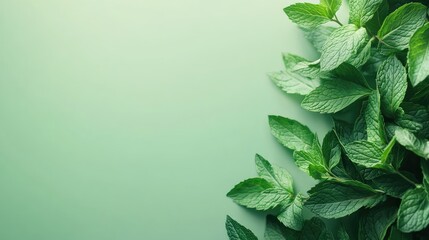Fresh green mint leaves on gentle green background with Copy Space for text placement