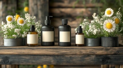 A rustic wooden shelf displaying various bottles of skincare products surrounded by blooming flowers