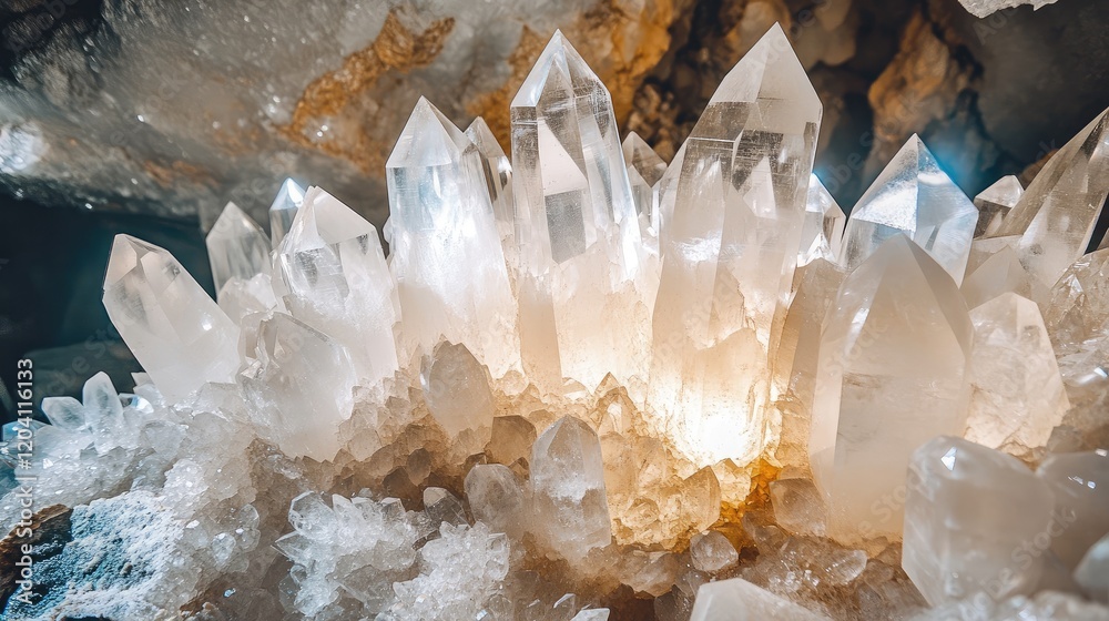Poster illuminated quartz crystal cluster within a cave formation showing sharp crystalline structures and 