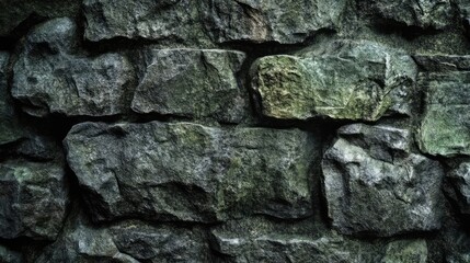 Textured stone wall close-up with rough gray and green stones providing natural pattern and depth Copy Space