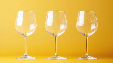 Three elegant empty wine glasses on a vibrant yellow background with water droplets, showcasing Copy Space for text placement.