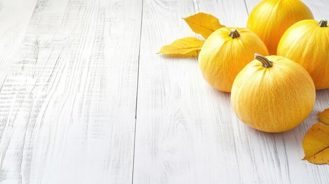 Yellow pumpkins on a white wooden background with autumn leaves and copy space for text.