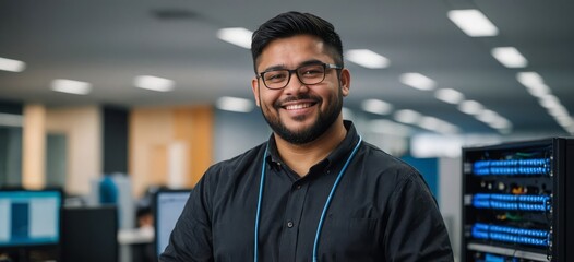 Portrait of a focused IT technician in a modern office, holding a laptop and a network cable, smiling at the camera