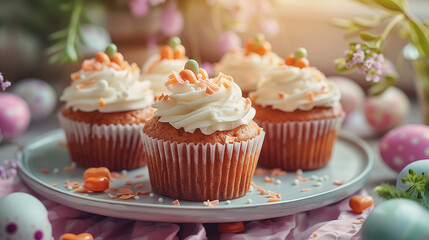 Carrot cupcakes with cream frosting and Easter decorations on plate