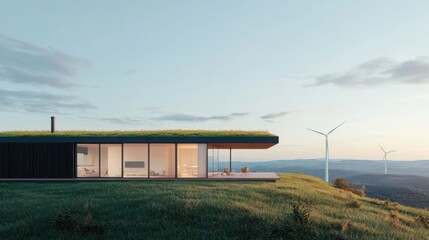 Fototapeta premium A modern house with a green roof situated on a hillside, surrounded by wind turbines and a serene landscape under a clear sky.