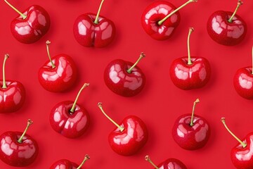 Seamless pattern of glossy red cherries on soft red backdrop, highlighting natural beauty and freshness.