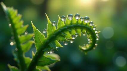 Naklejka premium Close-Up of Dew Drops on a Green Fern Leaf in Morning Light