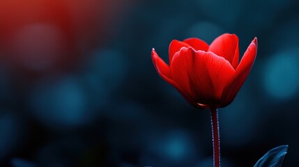 Crimson Tulip in Dusk's Embrace: A Single Bloom Against a Teal Twilight